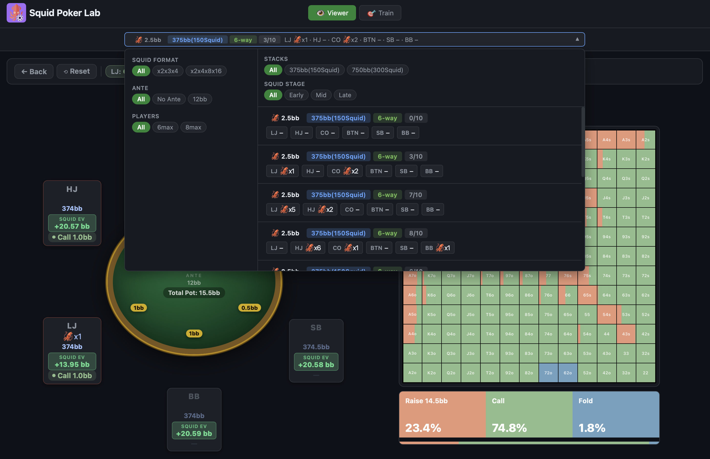 Squid Poker scenario selector showing 6-way and 8-way squid formats